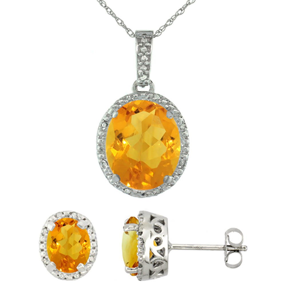 10K White Gold Diamond Halo Natural Citrine Earrings Necklace Set Oval 7x5mm & 12x10mm, 18 inch