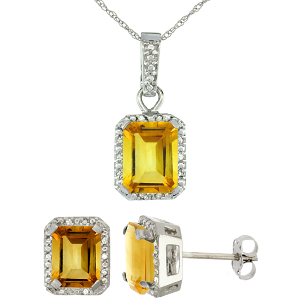 10K White Gold Natural Octagon 8x6 mm Citrine Earrings &amp; Pendant Set Diamond Accents
