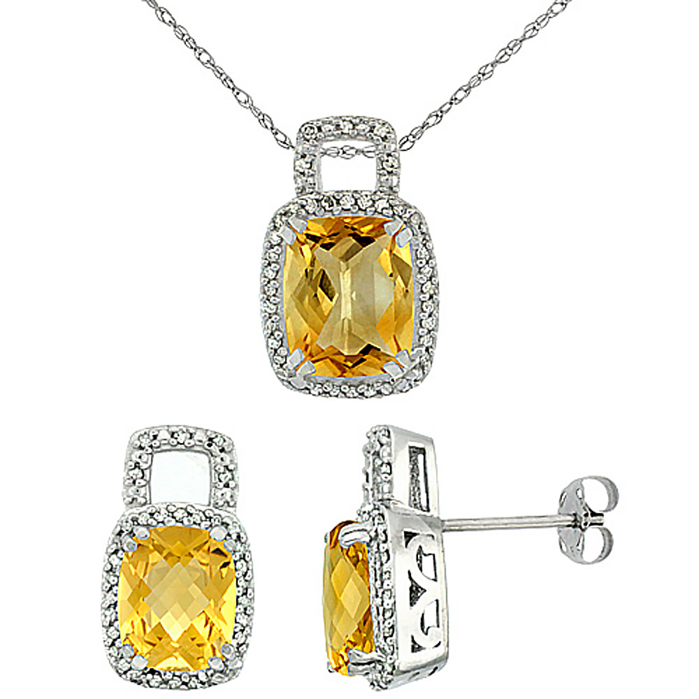 10K White Gold Natural Octagon Cushion Citrine Earrings &amp; Pendant Set Diamond Accents