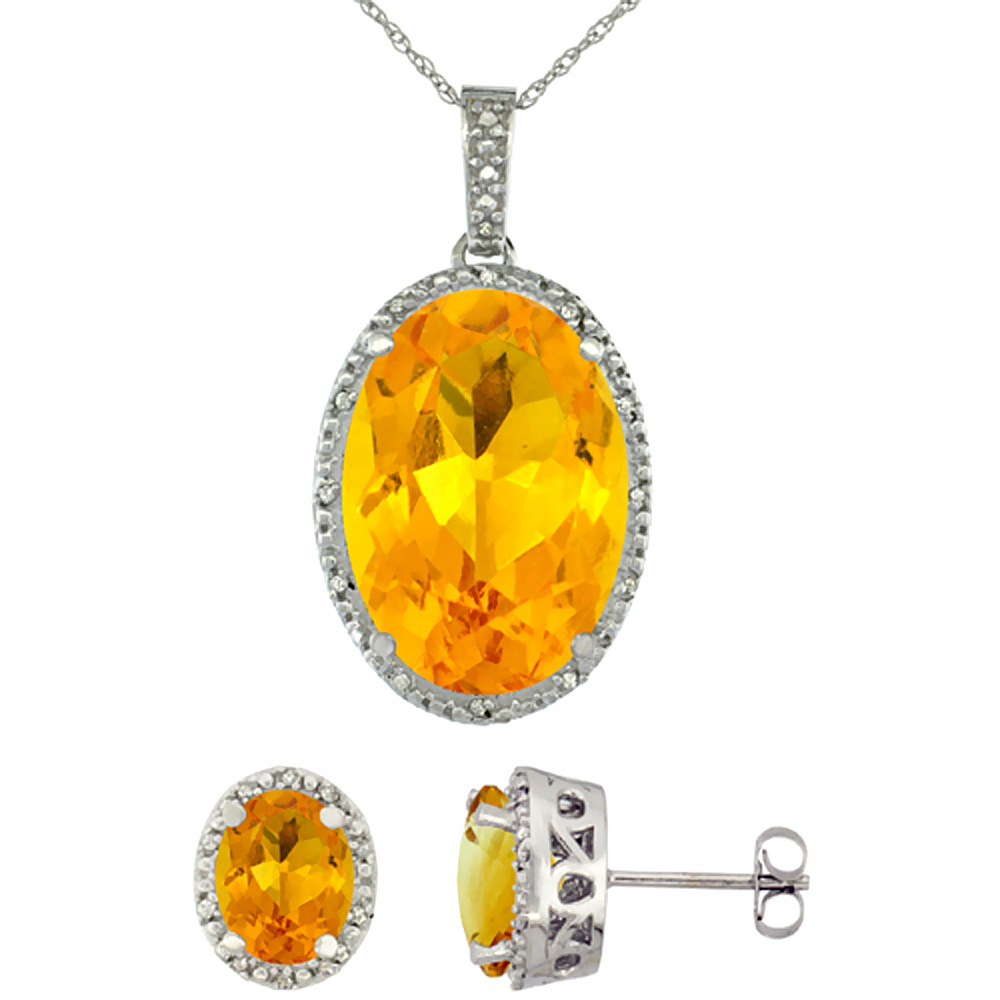 10K White Gold Diamond Natural Oval Citrine Earrings &amp; Pendant Set