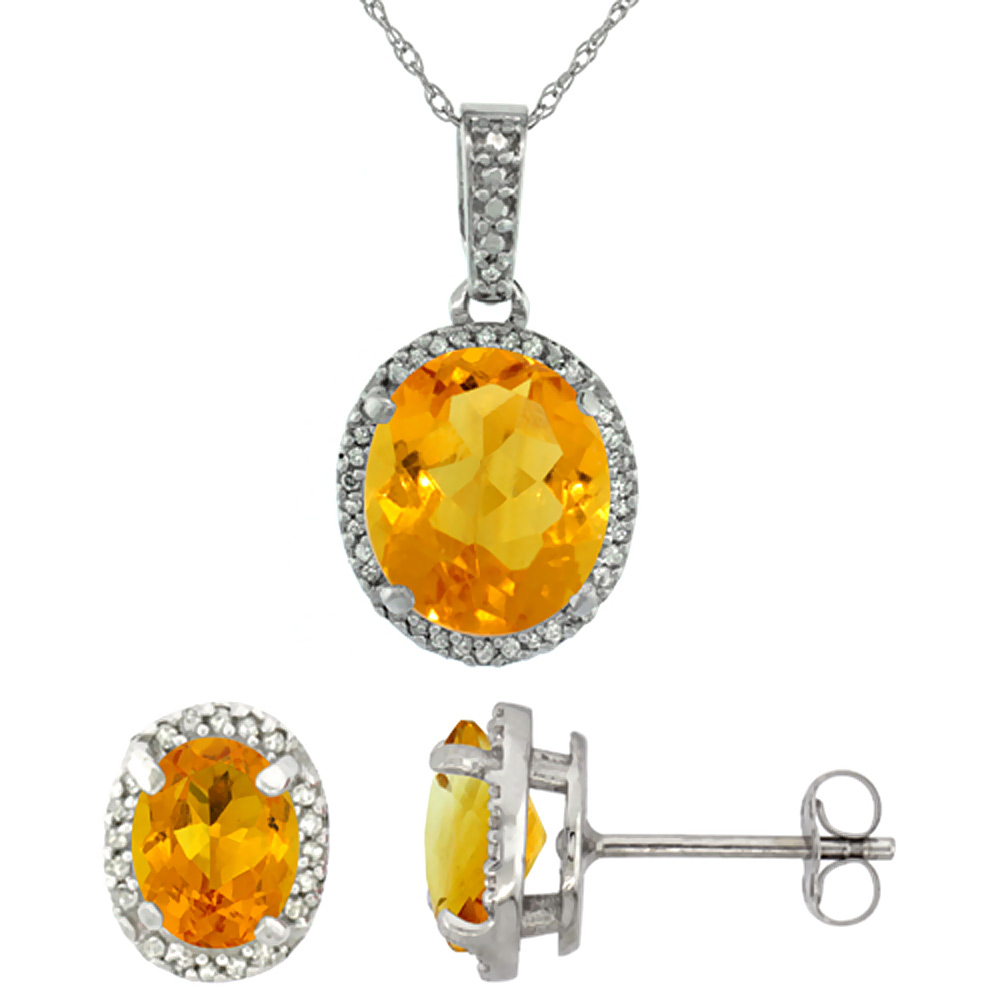 10K White Gold Diamond Natural Citrine Oval Earrings &amp; Pendant Set