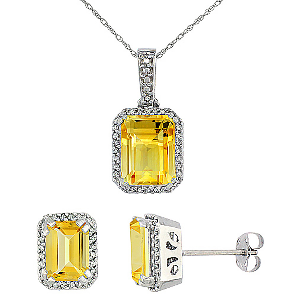 10K White Gold Diamond Natural Octagon Citrine Earrings & Pendant Set