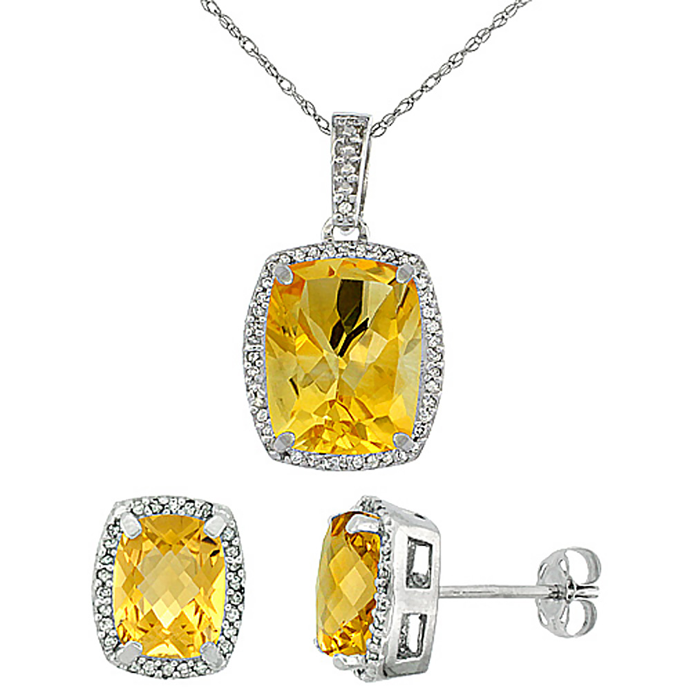 10K White Gold Natural Citrine Octagon Cushion Earrings & Pendant Set