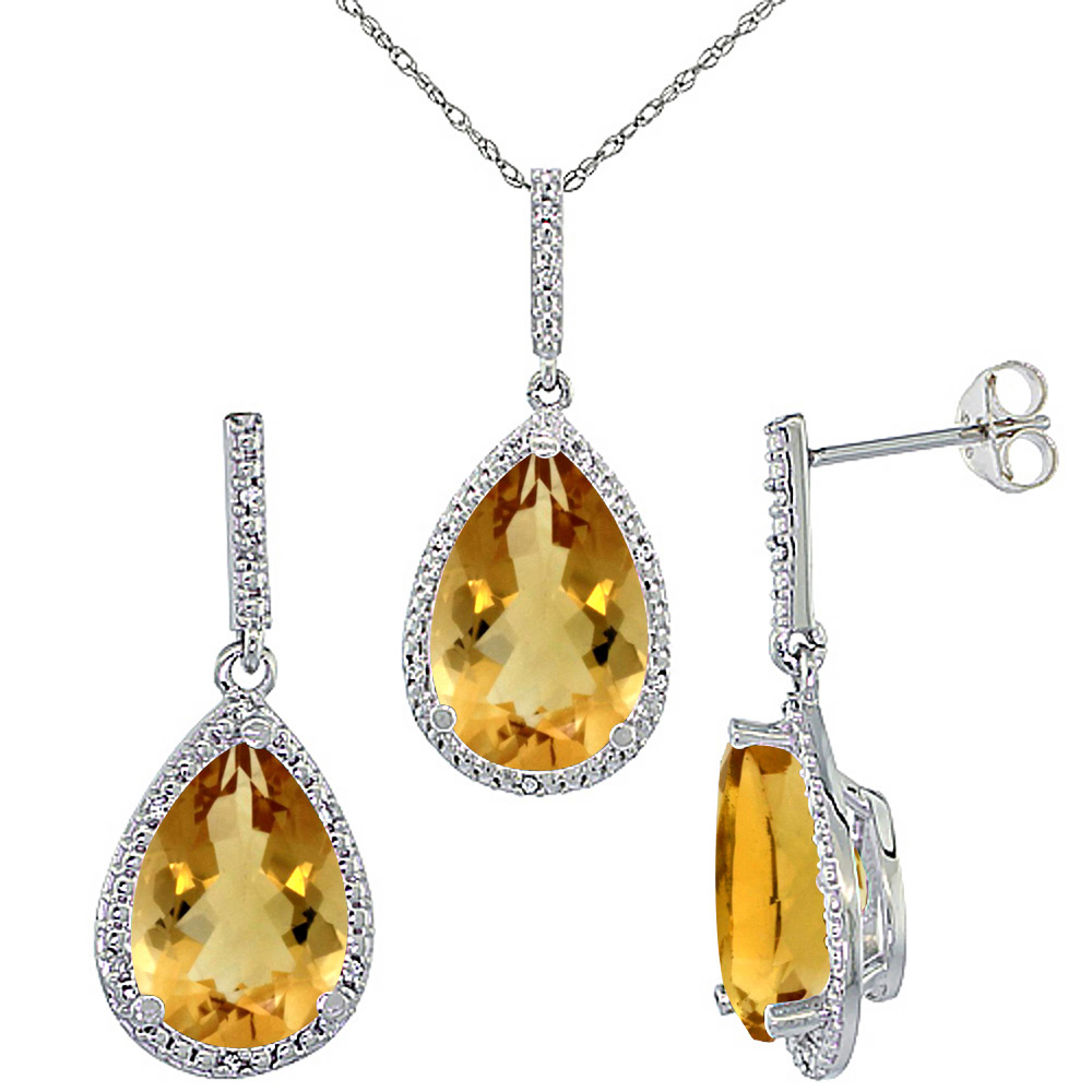 10K White Gold Diamond Natural Citrine Earrings Necklace Set Pear Shaped 12x8mm & 15x10mm, 18 inch long