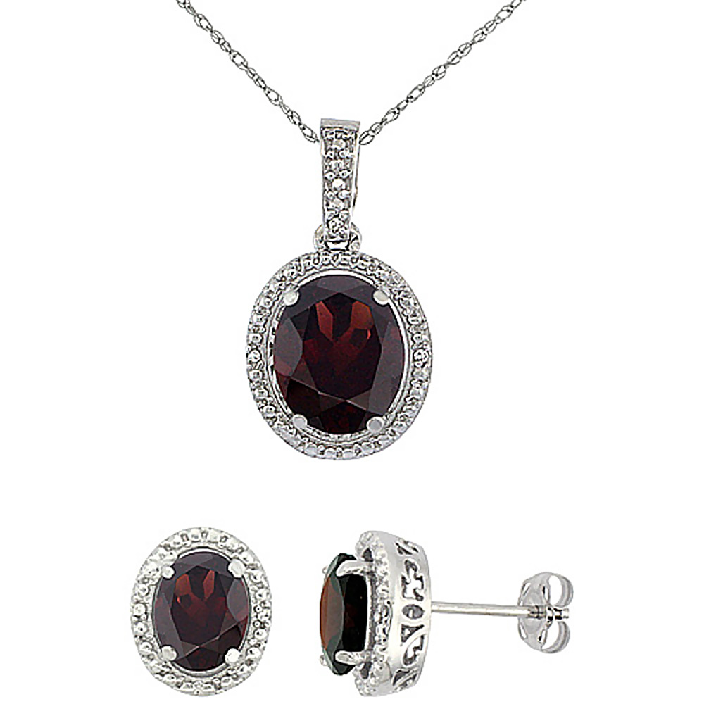 10K White Gold Diamond Natural Garnet Oval Earrings & Pendant Set