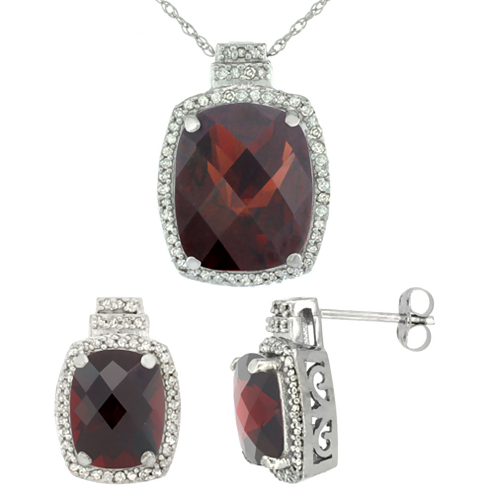 10K White Gold Diamond Natural Garnet 8x6mm Earrings & 11x9mm Pendant Set Octagon Cushion