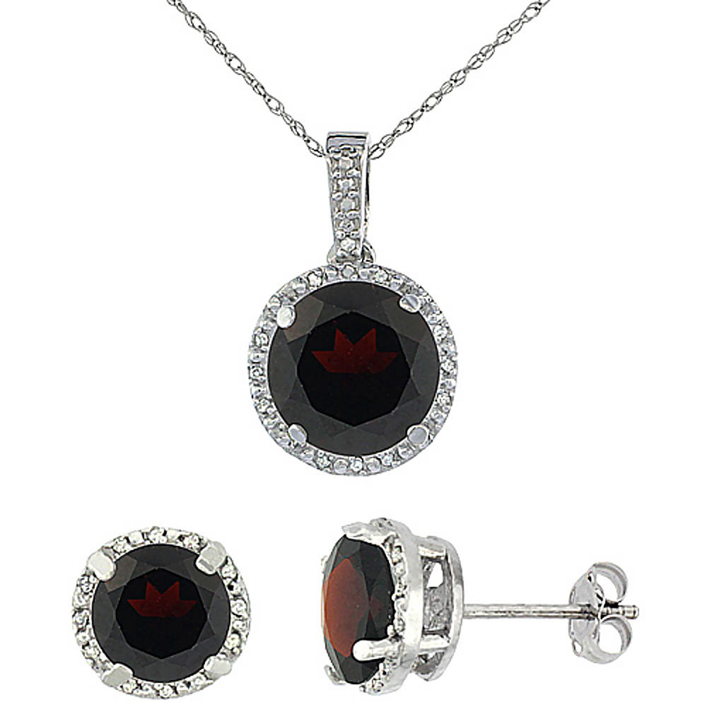 10K White Gold Natural Round Garnet Earrings &amp; Pendant Set Diamond Accents