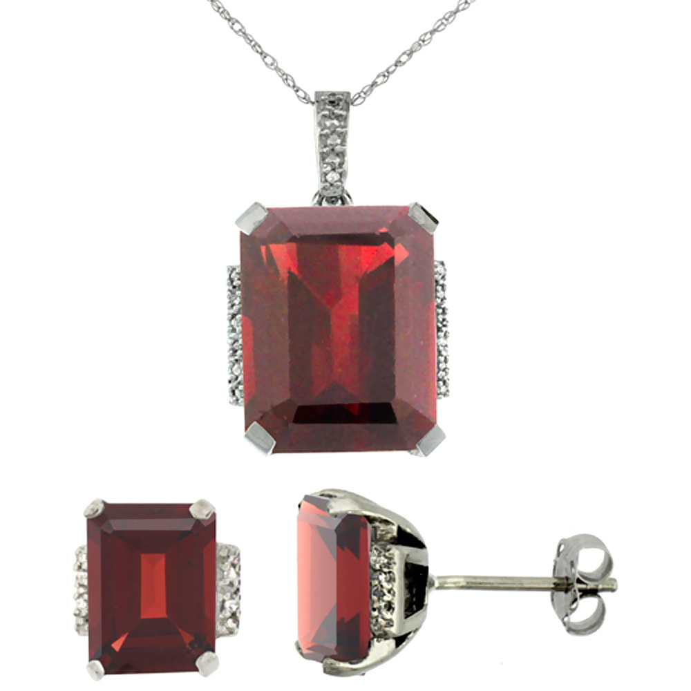 10K White Gold Natural Octagon Garnet Earrings & Pendant Set Diamond Accents