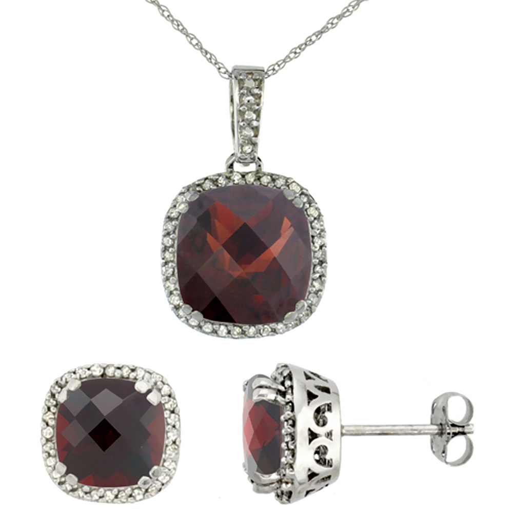 10k White Gold Diamond Halo Natural Garnet Earring Necklace Set 7x7mm & 10x10mm Cushion, 18 inch