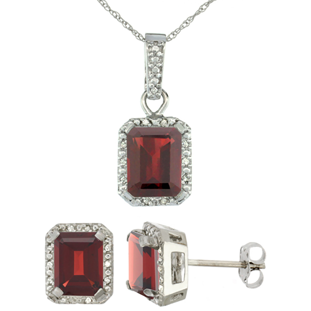 10K White Gold Natural Octagon 8x6 mm Garnet Earrings & Pendant Set Diamond Accents