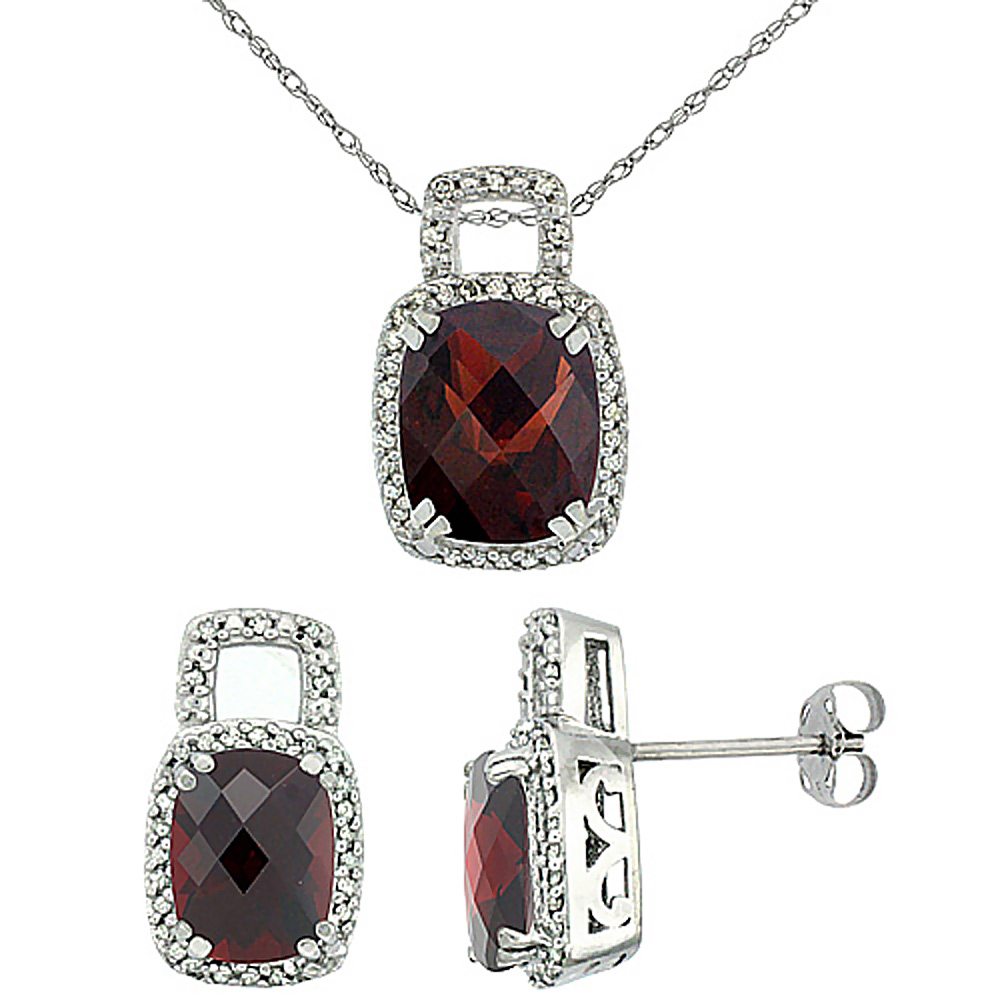 10K White Gold Natural Octagon Cushion Garnet Earrings &amp; Pendant Set Diamond Accents