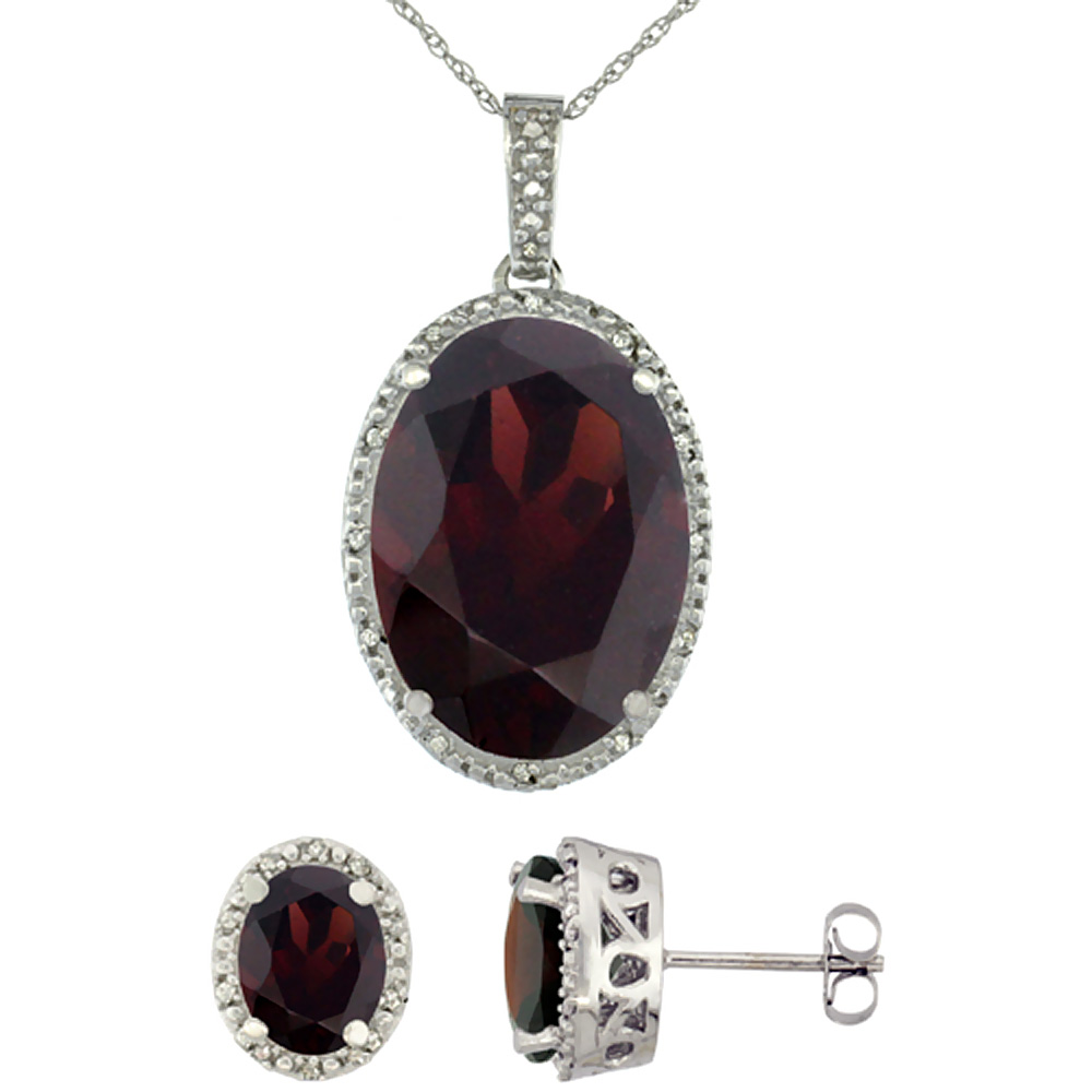 10K White Gold Diamond Natural Oval Garnet Earrings & Pendant Set