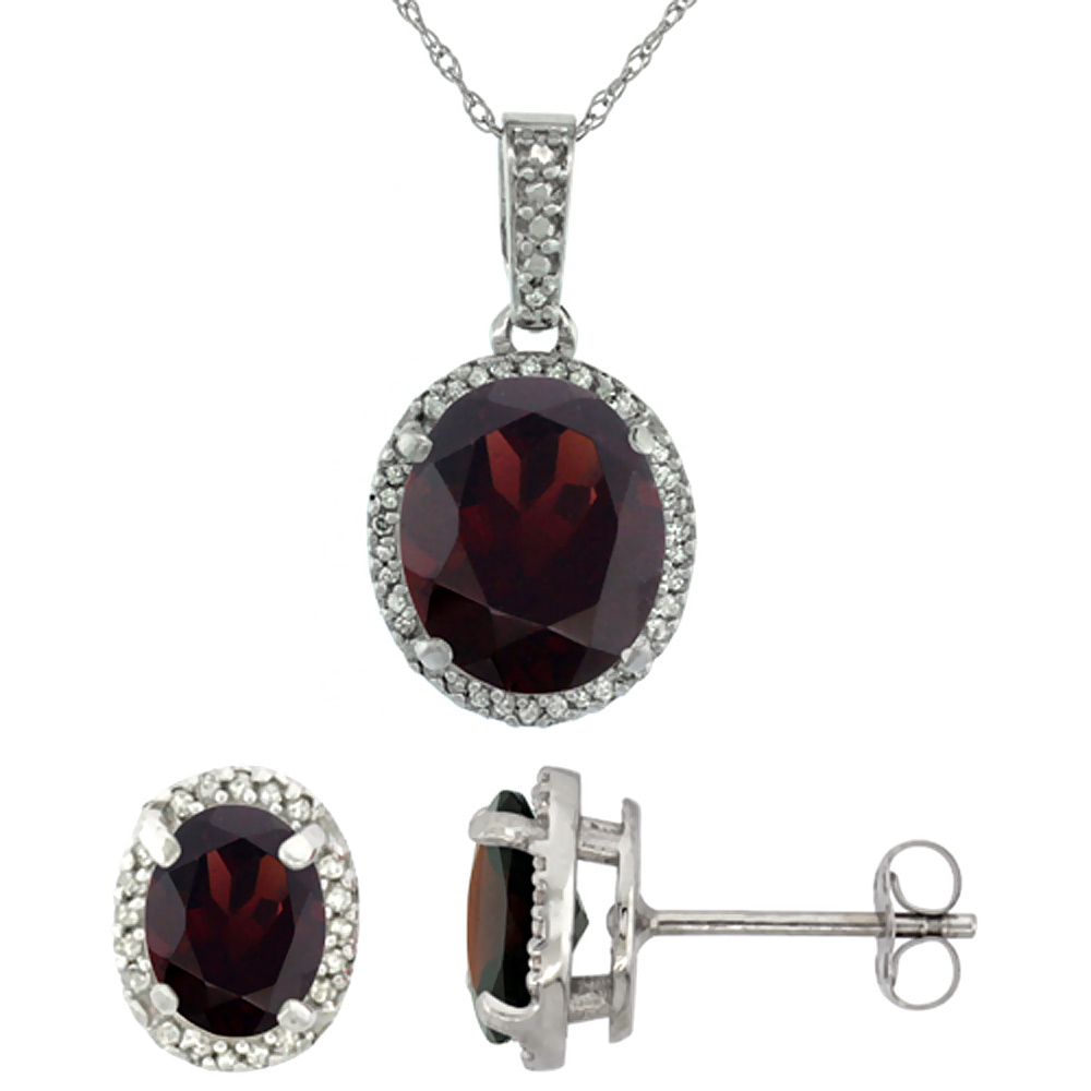 10K White Gold Diamond Natural Garnet Oval Earrings & Pendant Set