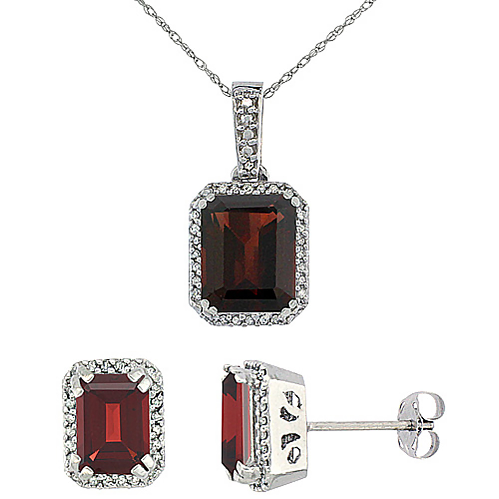 10K White Gold Diamond Natural Octagon Garnet Earrings & Pendant Set