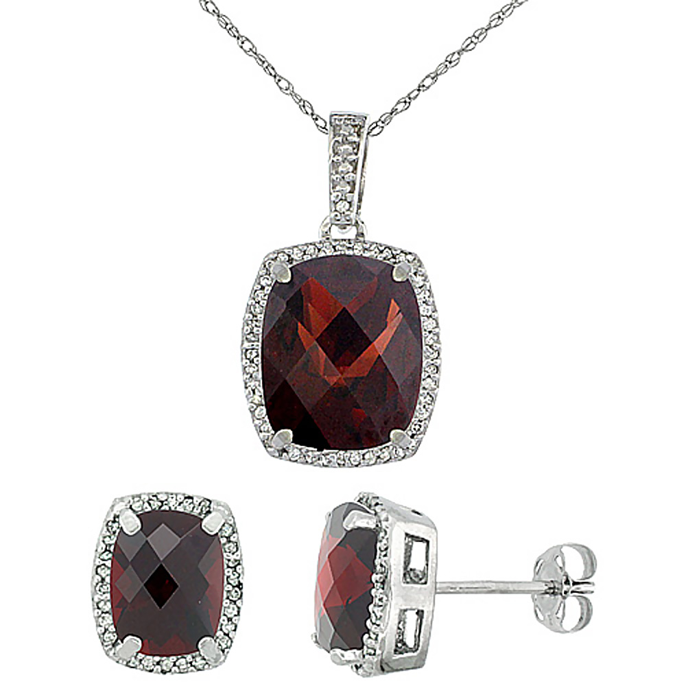 10K White Gold Natural Garnet Octagon Cushion Earrings & Pendant Set