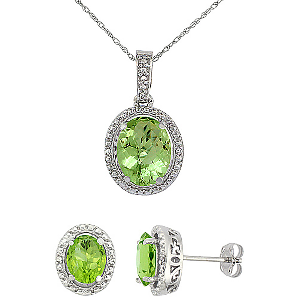 10K White Gold Diamond Natural Peridot Oval Earrings & Pendant Set