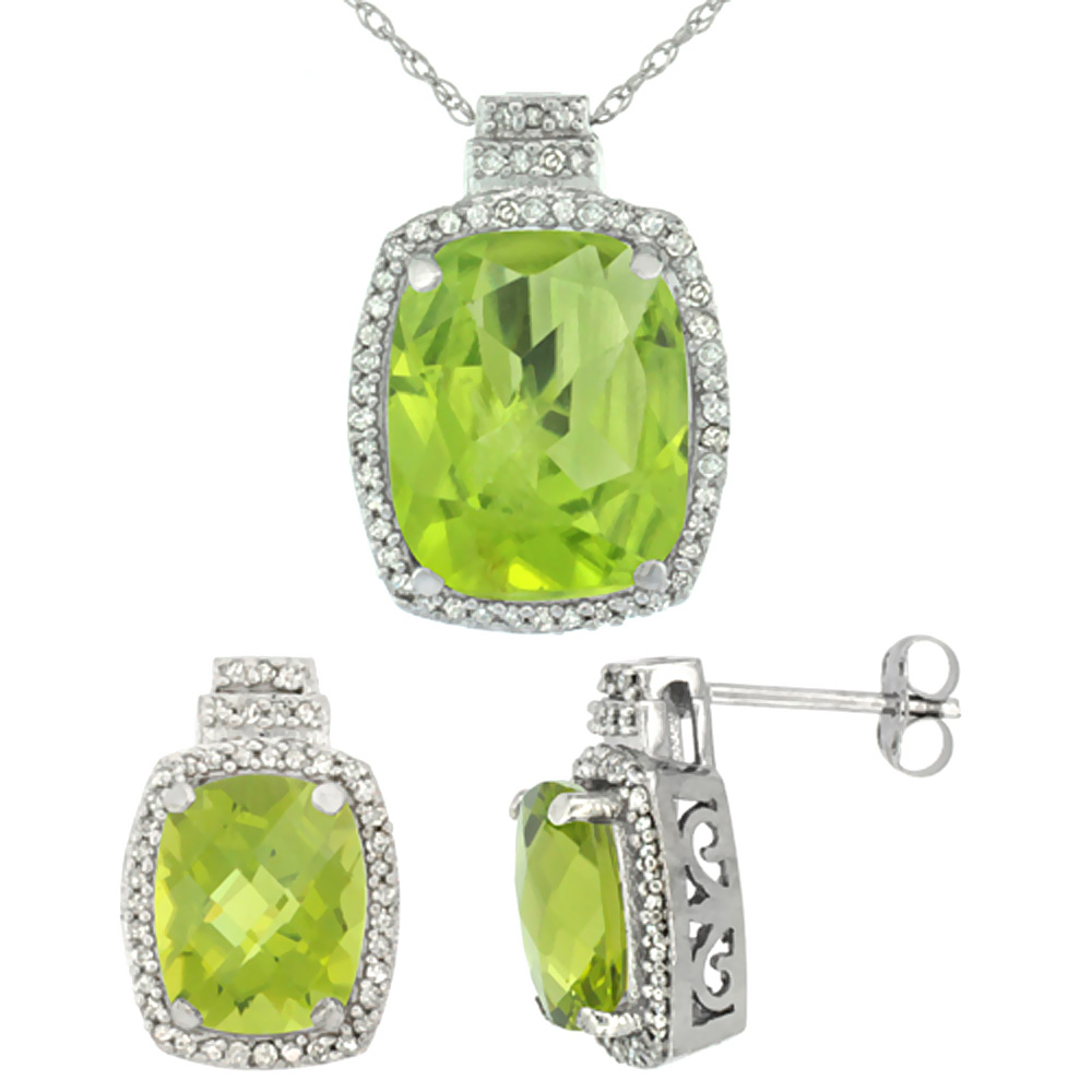 10K White Gold Diamond Natural Peridot 8x6mm Earrings &amp; 11x9mm Pendant Set Octagon Cushion