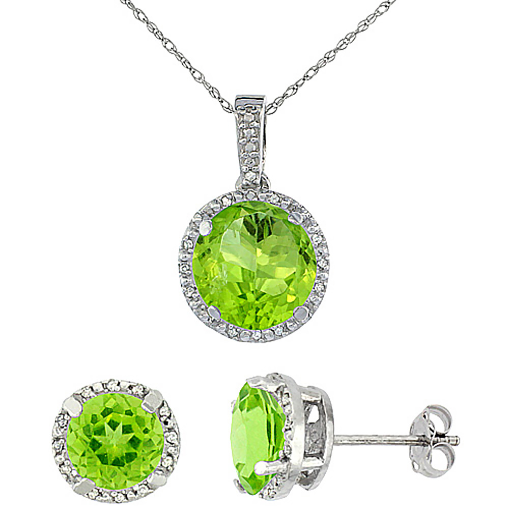 10K White Gold Natural Round Peridot Earrings & Pendant Set Diamond Accents