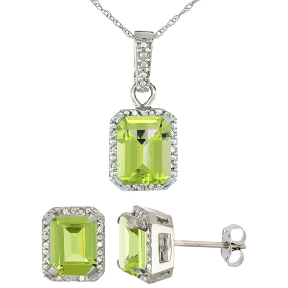 10K White Gold Natural Octagon 8x6 mm Peridot Earrings & Pendant Set Diamond Accents