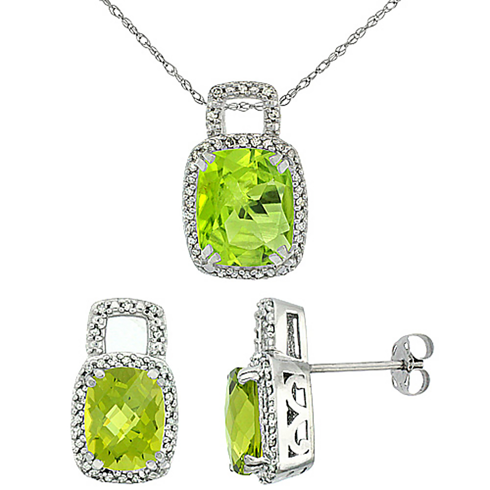 10K White Gold Natural Octagon Cushion Peridot Earrings & Pendant Set Diamond Accents