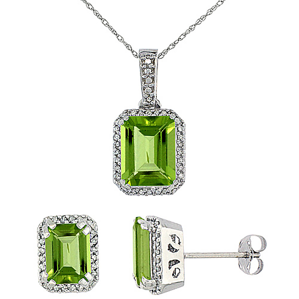 10K White Gold Diamond Natural Octagon Peridot Earrings &amp; Pendant Set