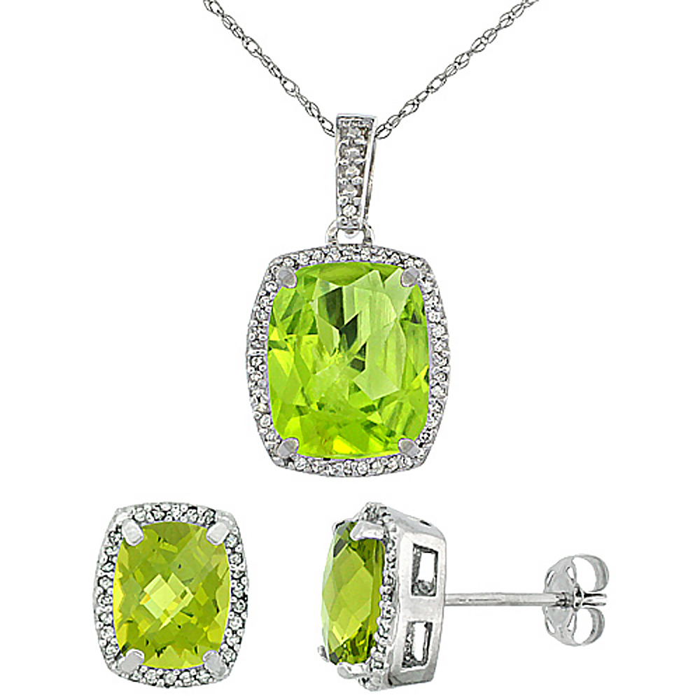 10K White Gold Natural Peridot Octagon Cushion Earrings & Pendant Set