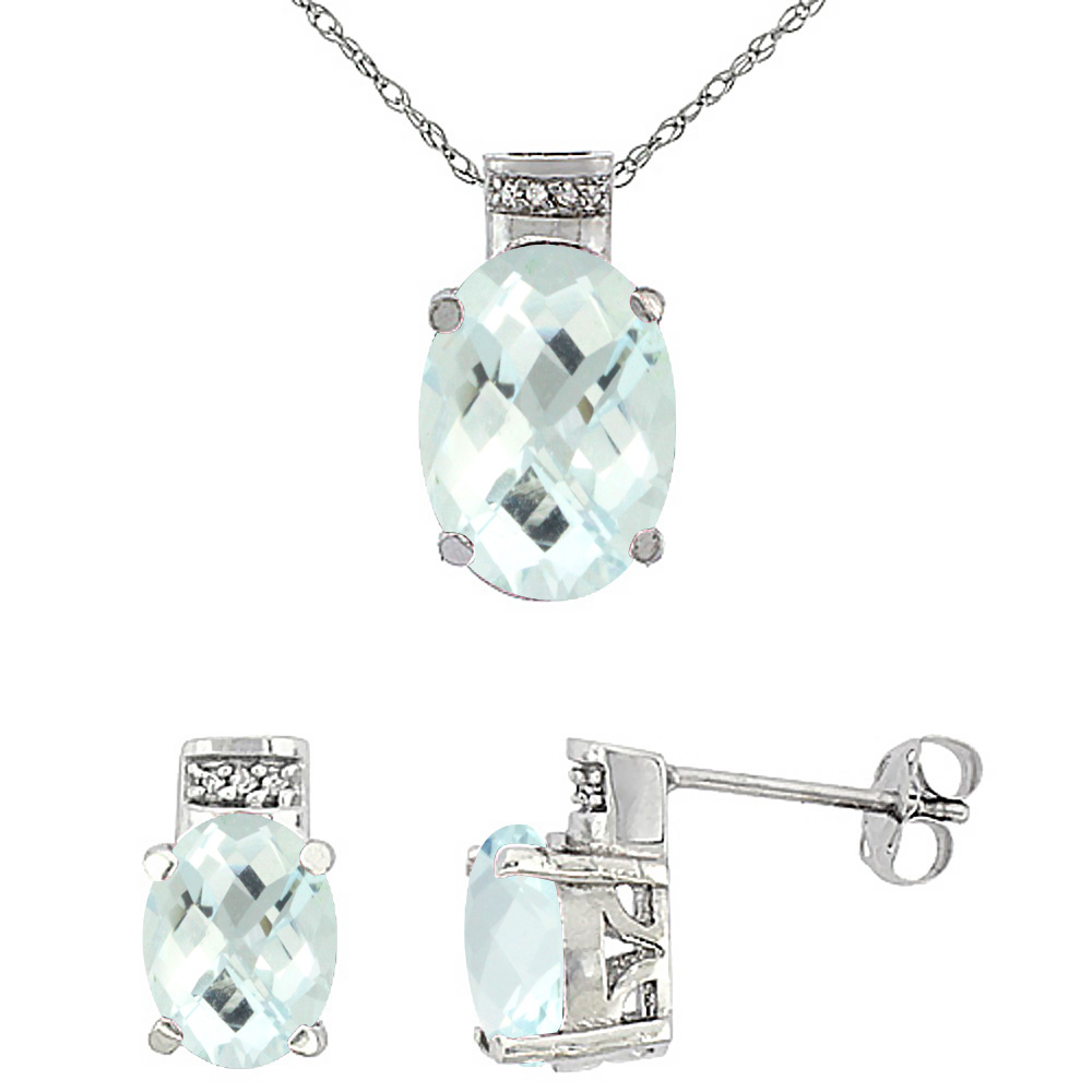 10K White Gold Diamond Natural Oval Aquamarine Earrings & Pendant Set