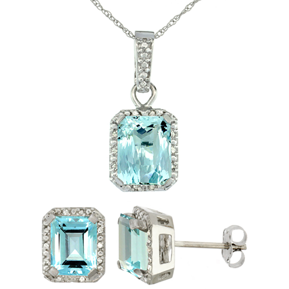 10K White Gold Natural Octagon 8x6 mm Aquamarine Earrings & Pendant Set Diamond Accents