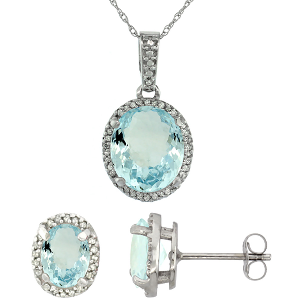 10K White Gold Diamond Natural Aquamarine Oval Earrings & Pendant Set