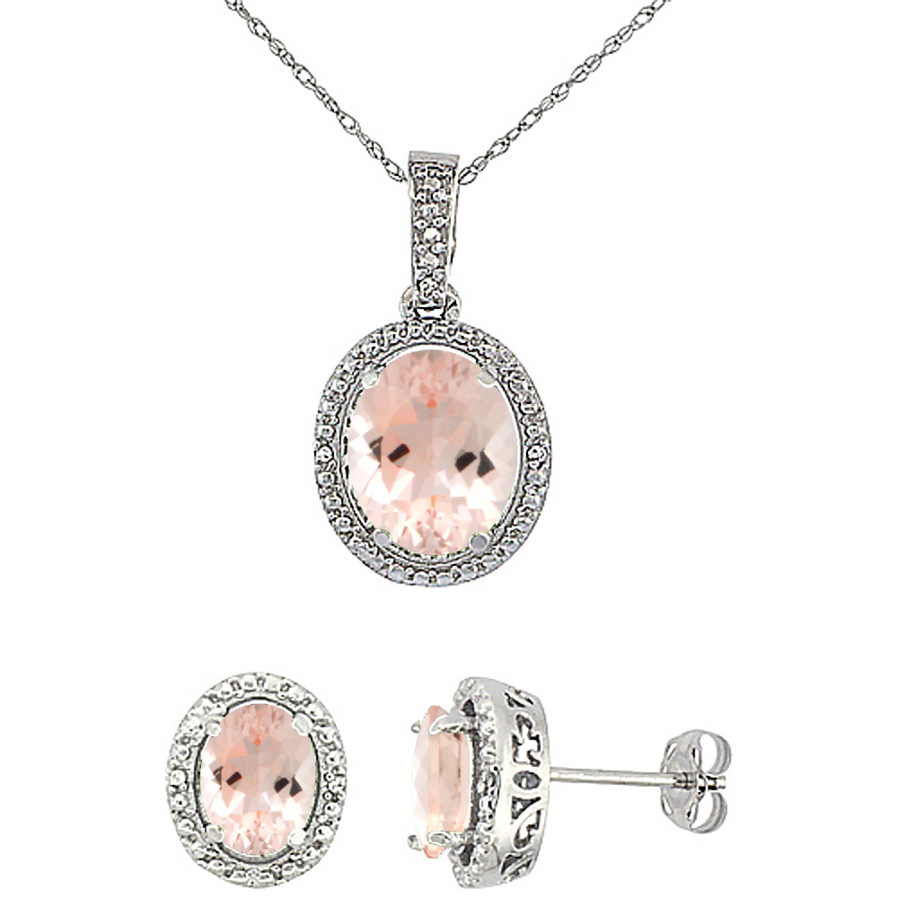 10K White Gold Diamond Natural Morganite Oval Earrings & Pendant Set