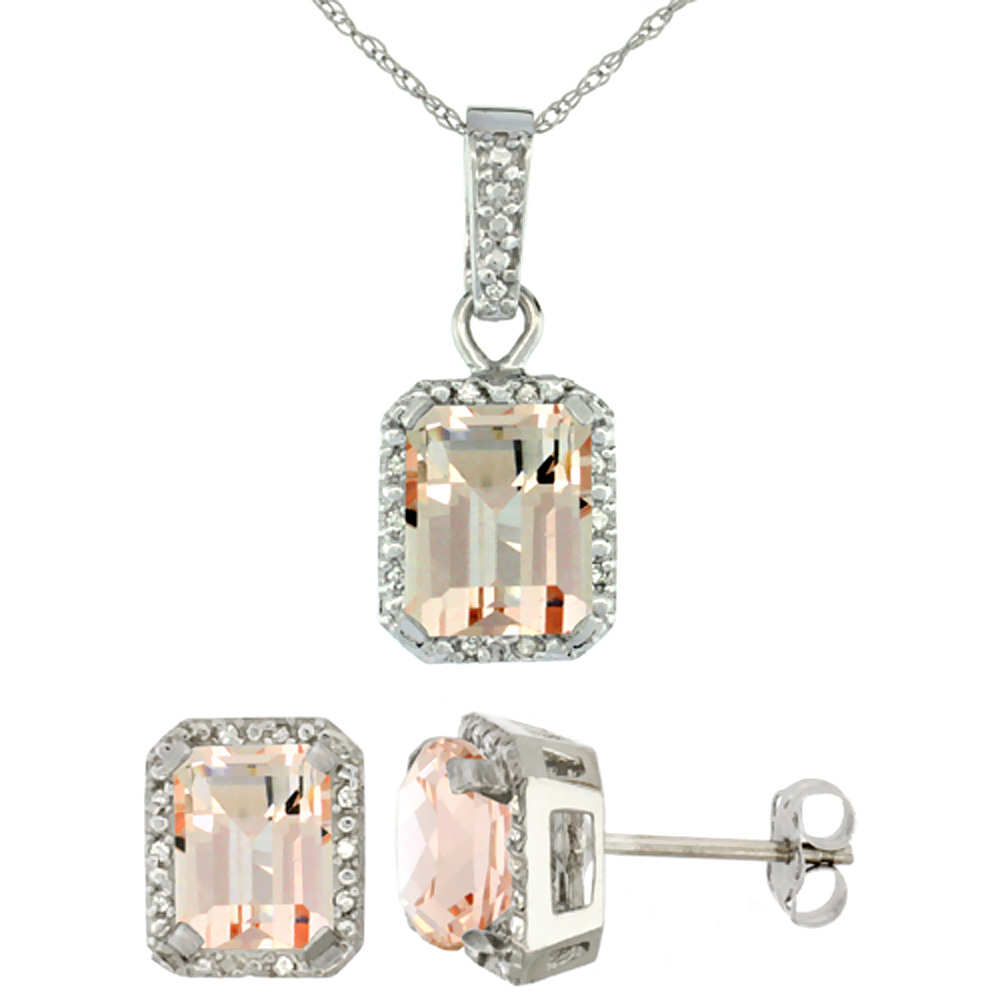 10K White Gold Natural Octagon 8x6 mm Morganite Earrings & Pendant Set Diamond Accents