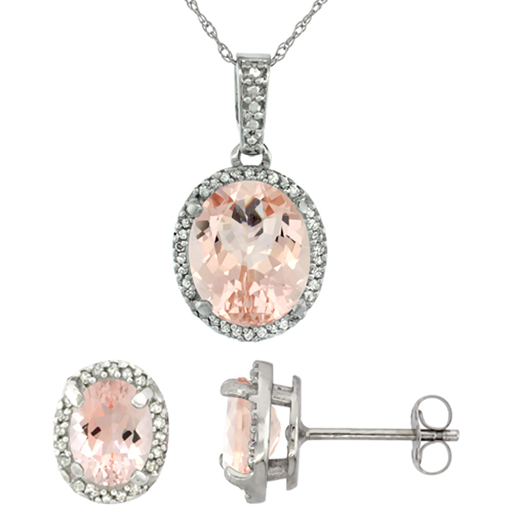 10K White Gold Diamond Natural Morganite Oval Earrings & Pendant Set