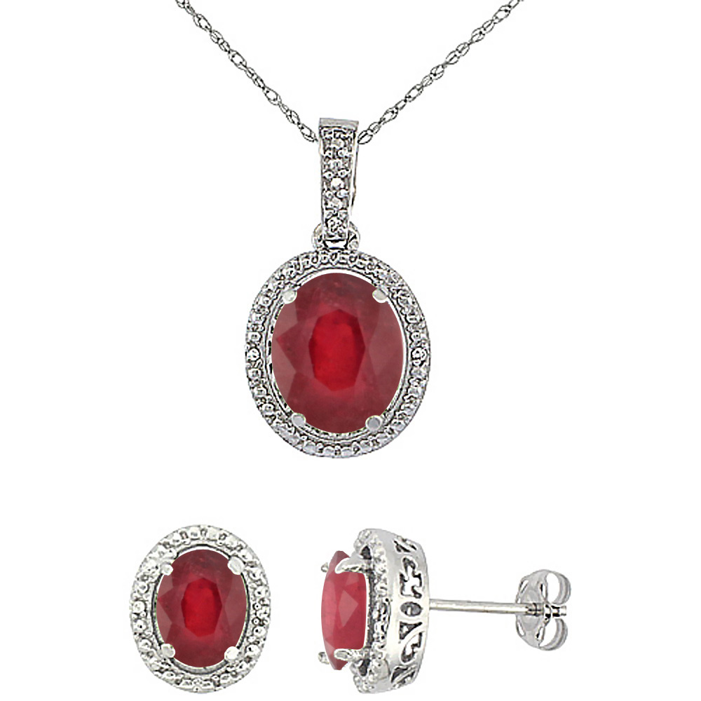 10K White Gold Diamond Enhanced Genuine Ruby Oval Earrings & Pendant Set