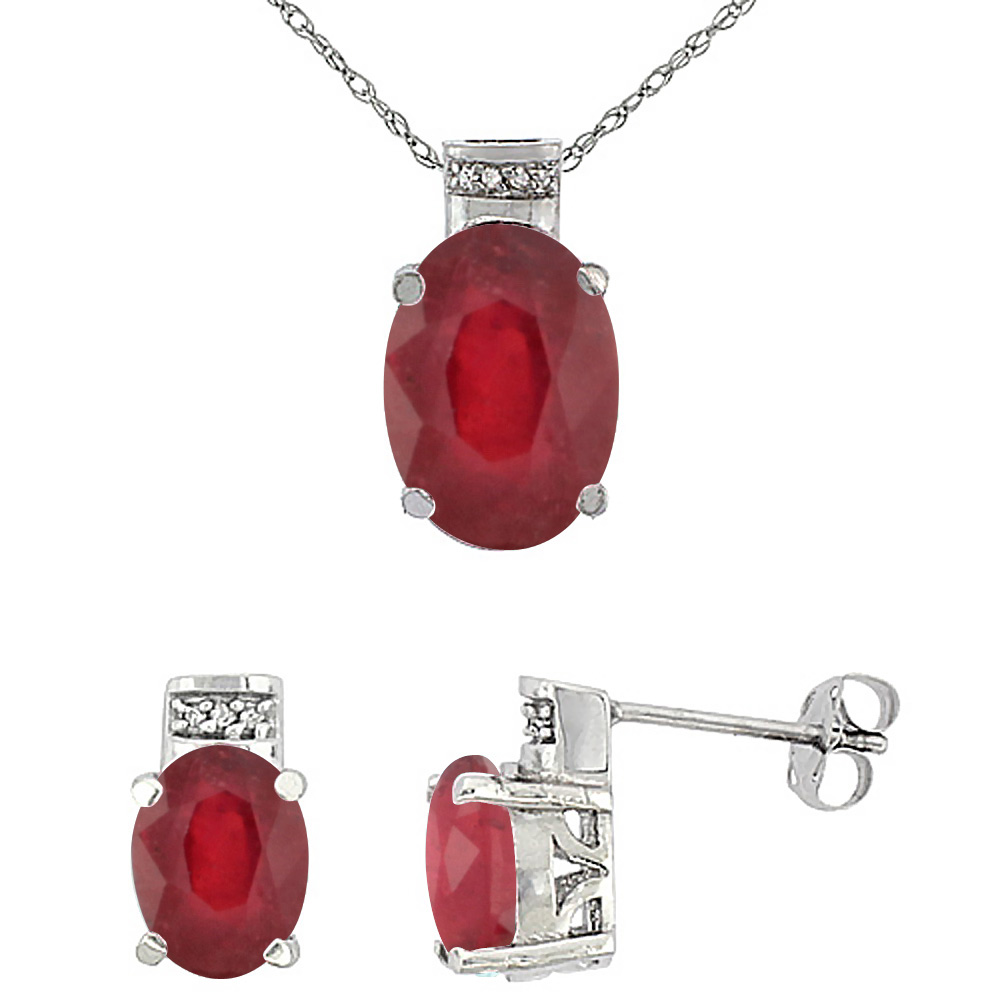 10K White Gold Diamond Enhanced Genuine Ruby Earrings 8x6mm &amp; Pendant 14x10mm Set Oval