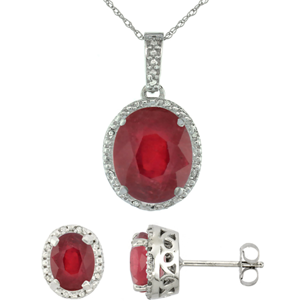 10K White Gold Diamond Halo Enhanced Genuine Ruby Earrings Necklace Set Oval 7x5mm & 12x10mm, 18 inch