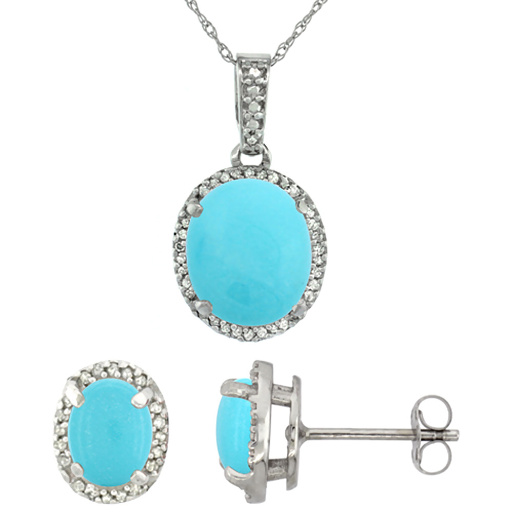 10K White Gold Diamond Natural Turquoise Oval Earrings & Pendant Set