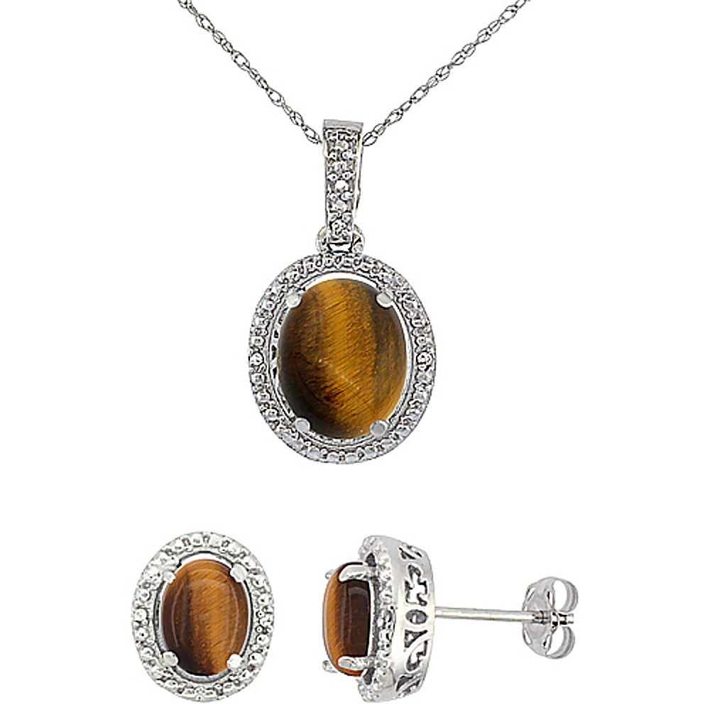 10K White Gold Diamond Natural Tiger Eye Oval Earrings & Pendant Set