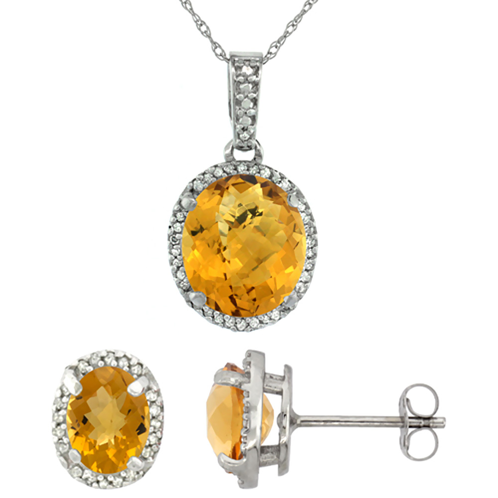 10K White Gold Diamond Natural Whisky Quartz Oval Earrings &amp; Pendant Set