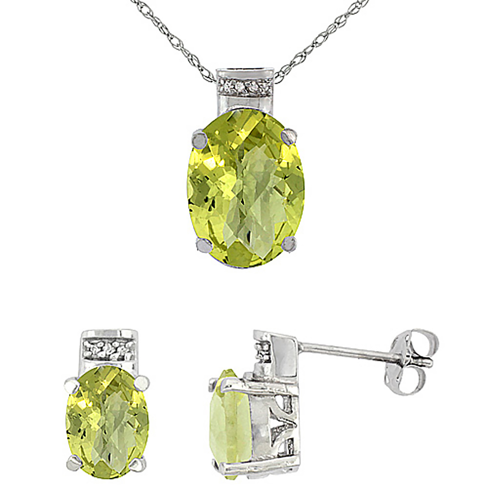 10K White Gold Diamond Natural Oval Lemon Quartz Earrings &amp; Pendant Set