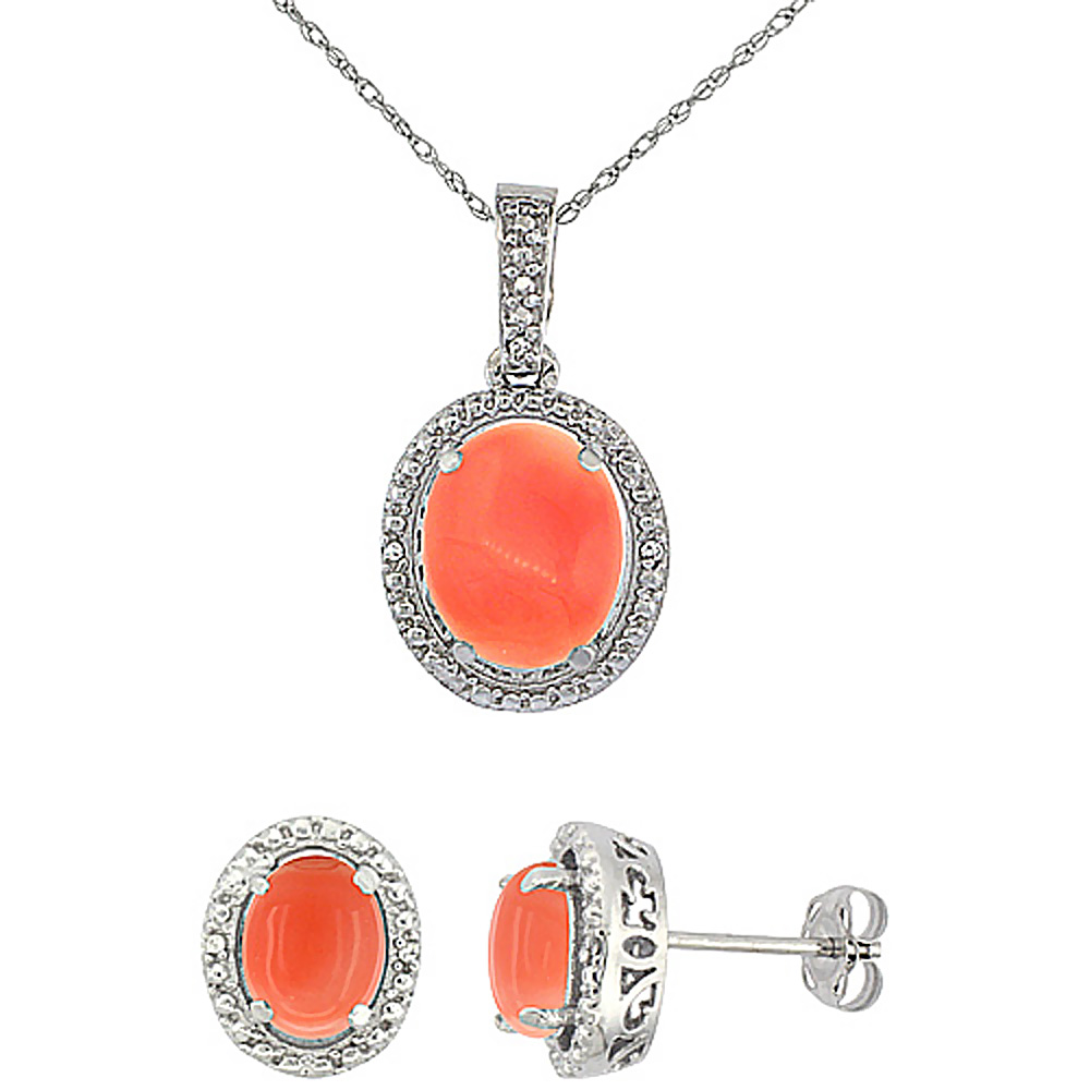 10K White Gold Diamond Natural Coral Oval Earrings &amp; Pendant Set