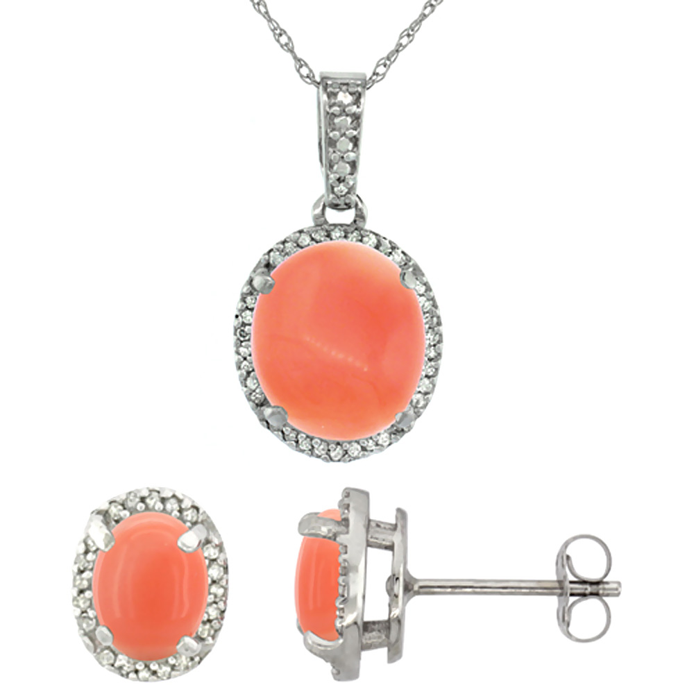 10K White Gold Diamond Natural Coral Oval Earrings & Pendant Set