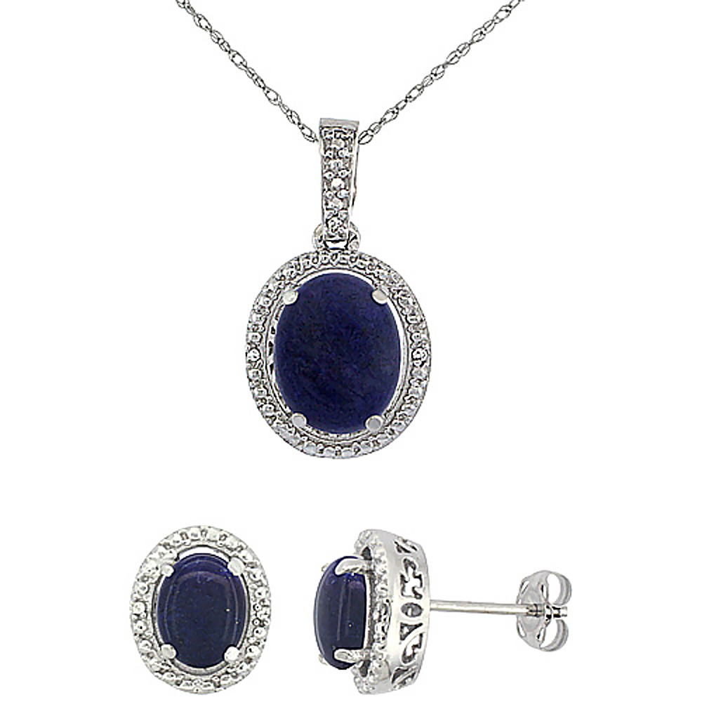 10K White Gold Diamond Natural Lapis Oval Earrings &amp; Pendant Set