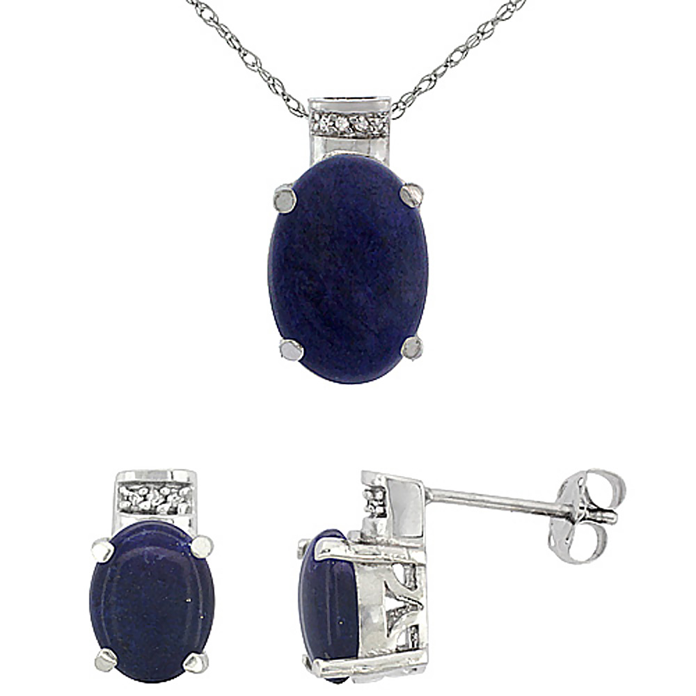 10K White Gold Diamond Natural Oval Lapis Earrings &amp; Pendant Set