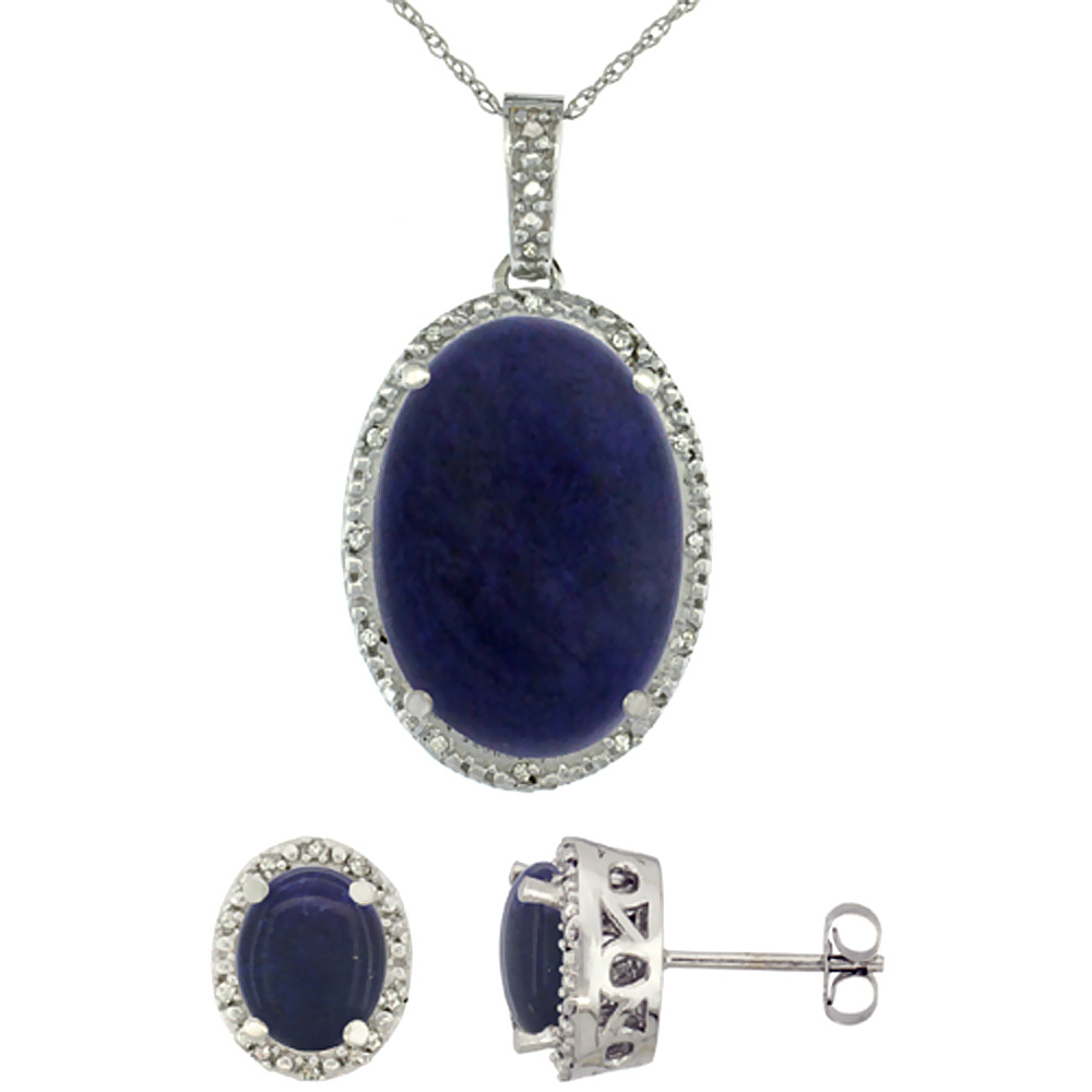 10K White Gold Diamond Natural Oval Lapis Earrings & Pendant Set