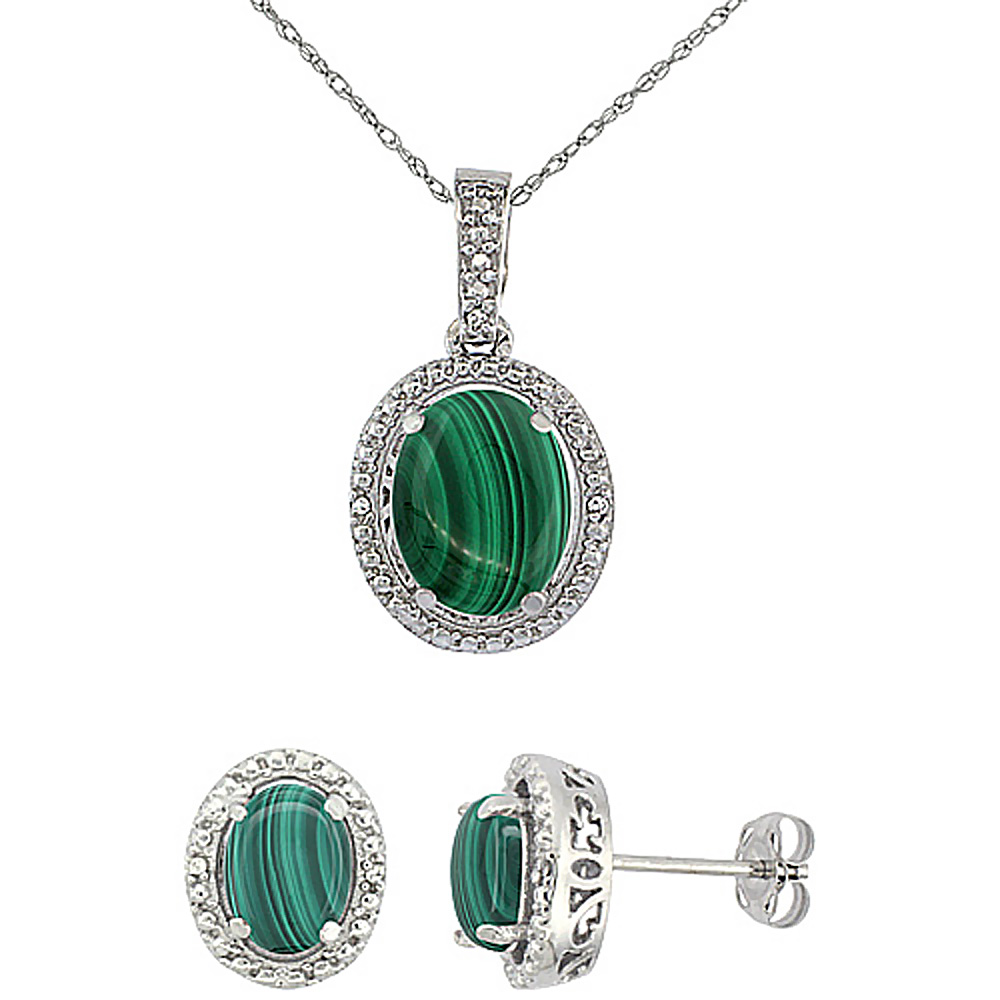 10K White Gold Diamond Natural Malachite Oval Earrings & Pendant Set