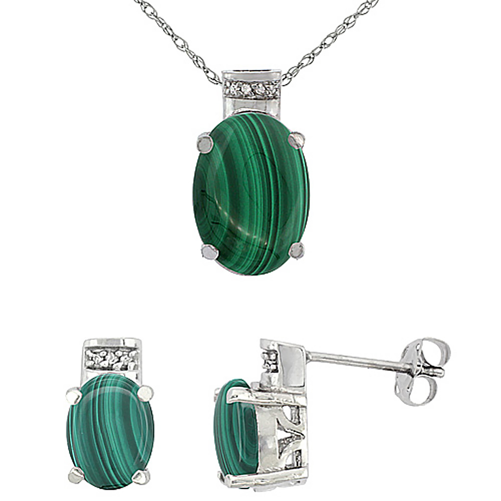 10K White Gold Diamond Natural Oval Malachite Earrings &amp; Pendant Set