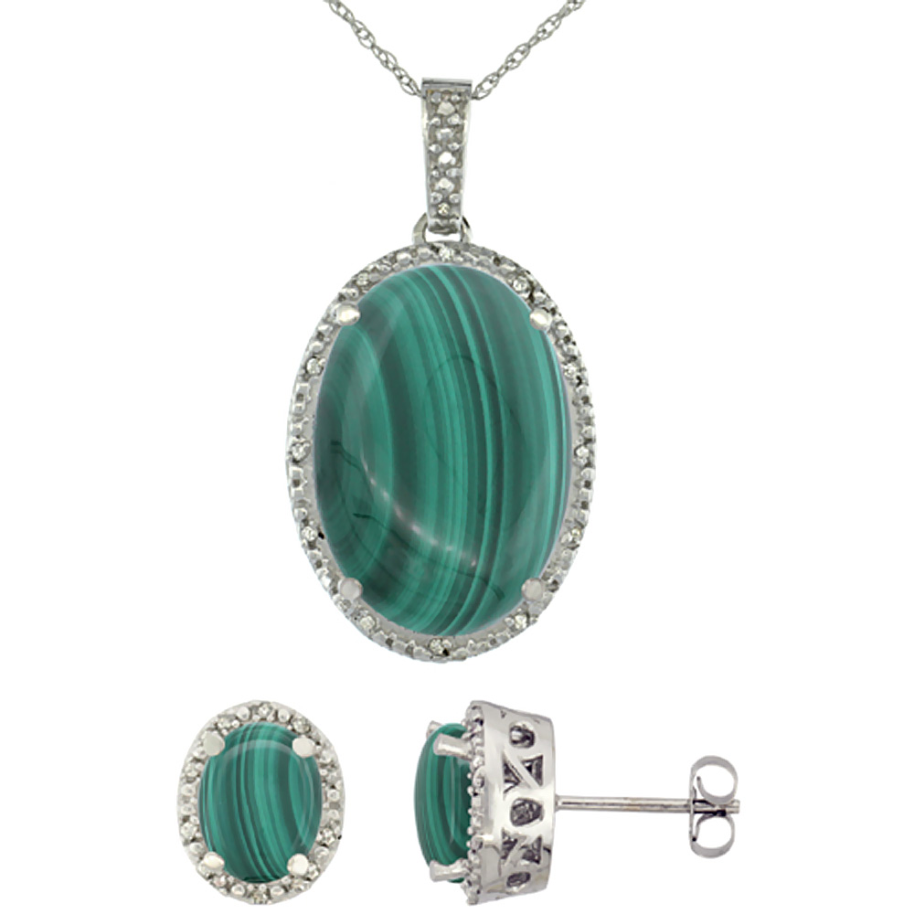 10K White Gold Diamond Natural Oval Malachite Earrings &amp; Pendant Set