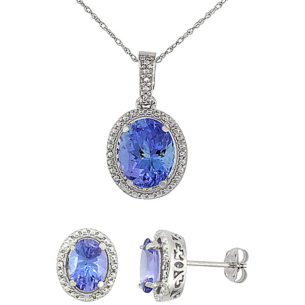 10K White Gold Diamond Natural Tanzanite Oval Earrings &amp; Pendant Set