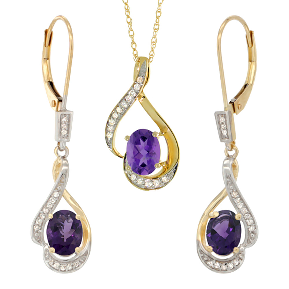 14K Yellow Gold Diamond Natural Amethyst Lever Back Earrings &amp; Necklace Set Oval 7x5mm, 18 inch long