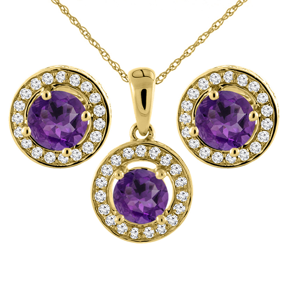 14K Yellow Gold Natural Amethyst Earrings and Pendant Set with Diamond Halo Round 5 mm